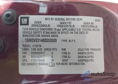 2008 Chevrolet Uplander Ls z USA, uszkodzony, nr VIN 1GNDV23148D202628